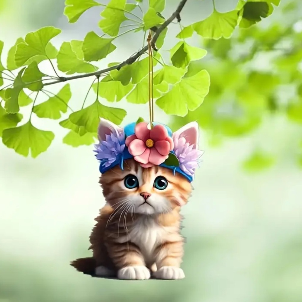 Charming Floral Headband Kitty Cat Acrylic 2D Flat Shaped Ornament